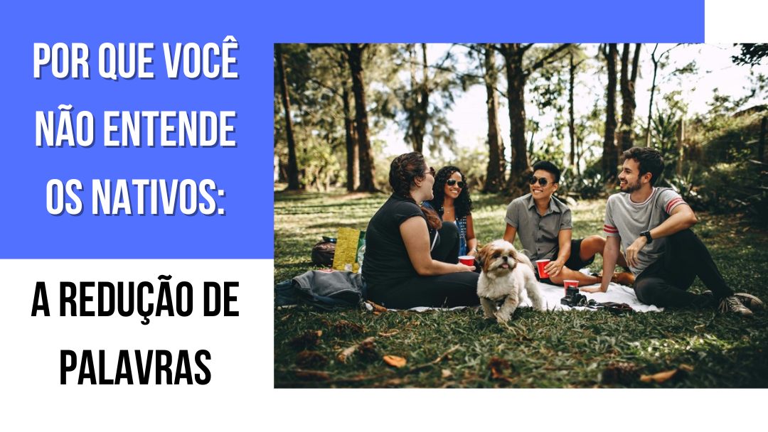 Grupo de amigos sentados sobre gramado fazendo um piquenique à frente de árvores altas parecem estar conversando e se divertindo.